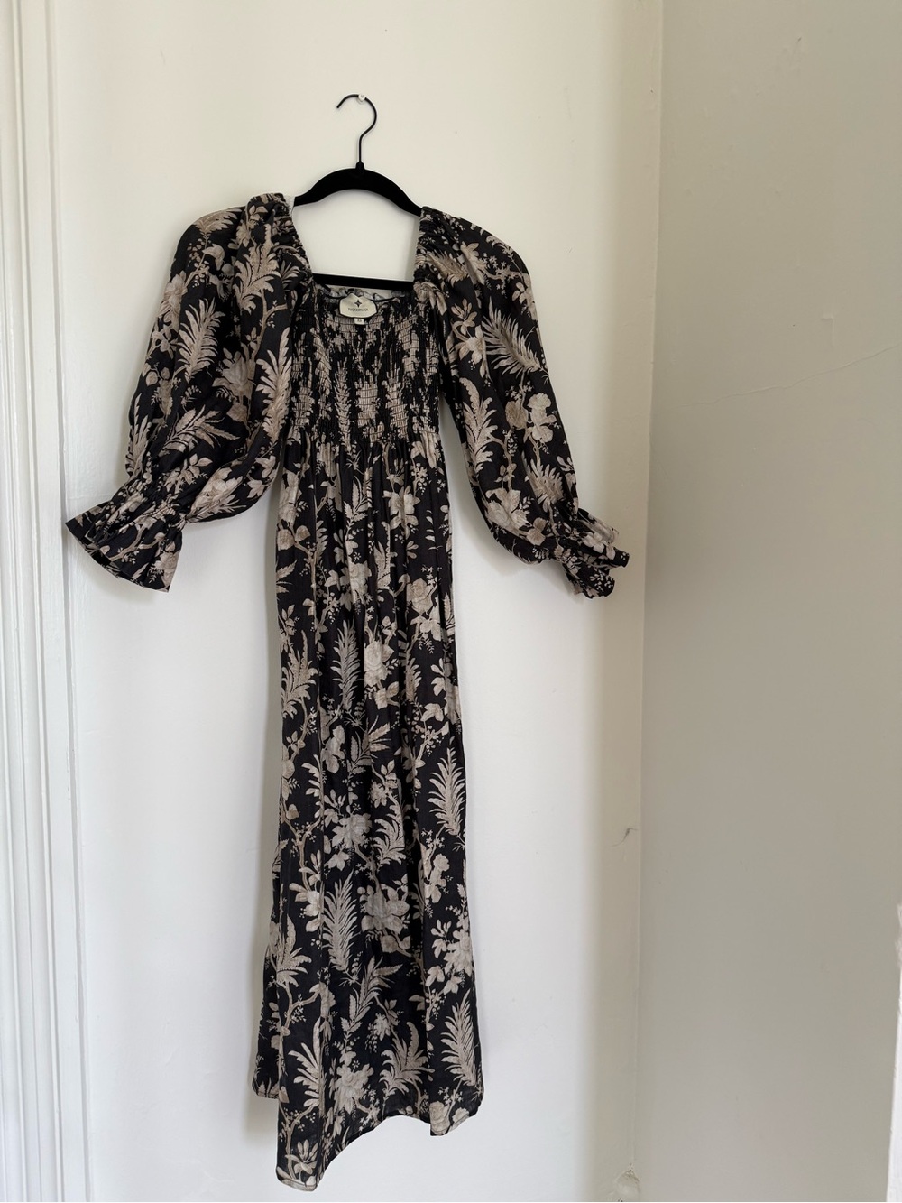 Tuckernuck Black and Cream Floral Puff-Sleeve Maxi Dress